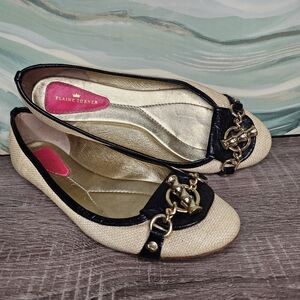 Elaine Turner Black & Raffia Flats with Bridle gold accent. Springtime!